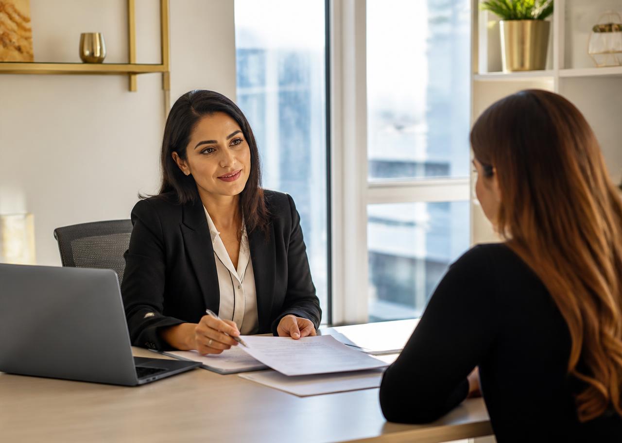 A licensed immigration consultant reviewing an application with a client in the Brampton office