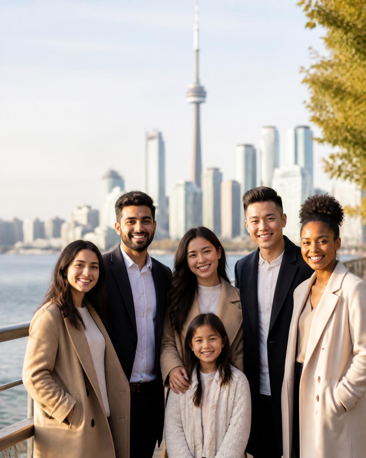 A group of newcomers with a Canadian city skyline behind them