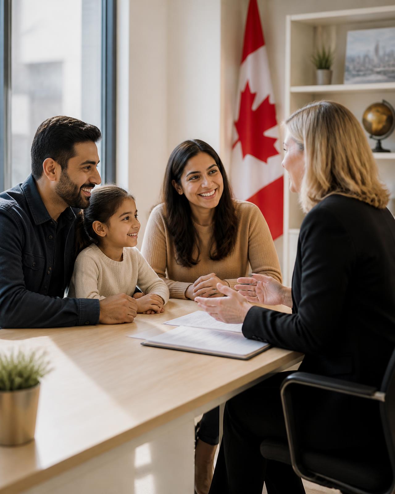 A family meeting with a Regulated Canadian Immigration Consultant to review their application
